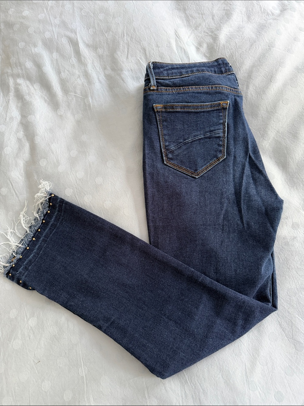 DRIFTWOOD Dark Blue Cropped Ankle Jeans with Frayed Studded Hem, Size 27